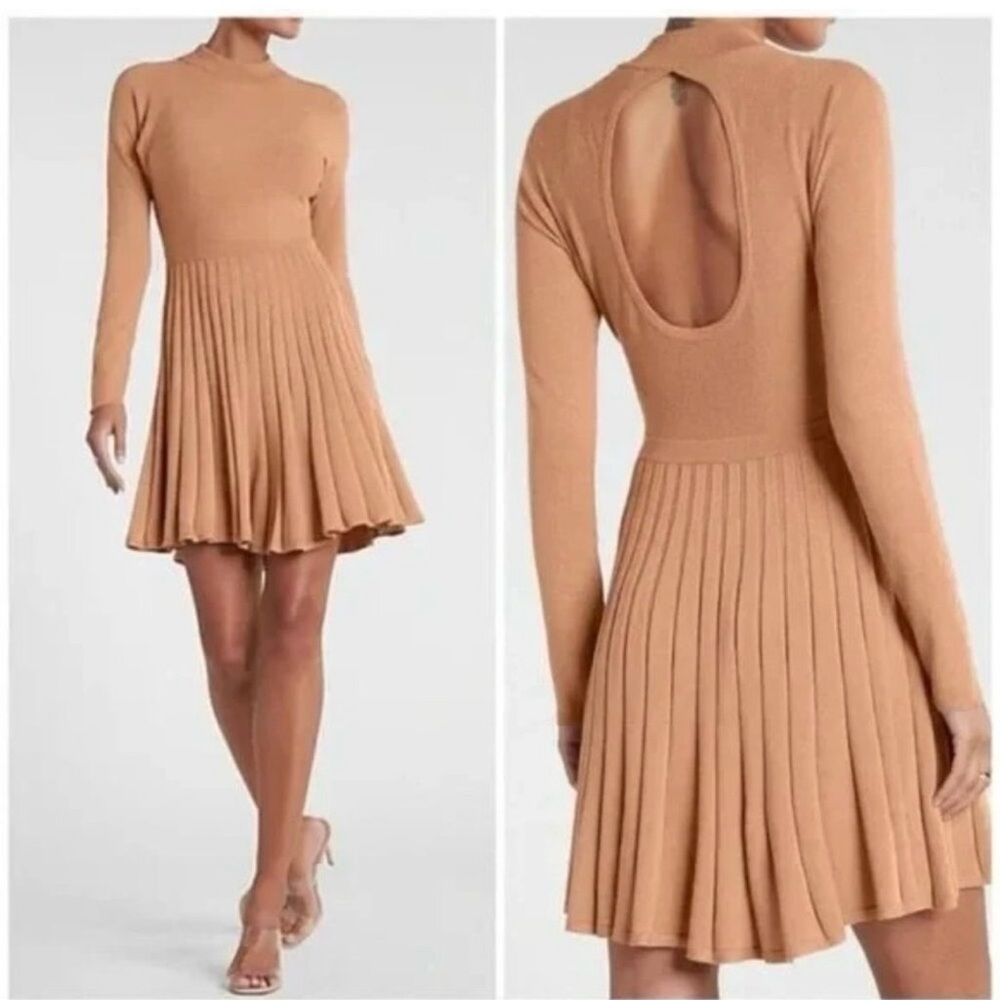Express Tan Long Sleeve Pleated Dress NWT Size Large